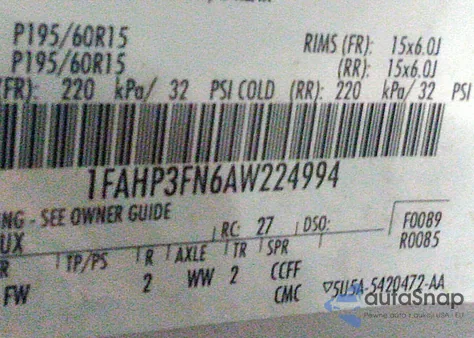 2010 Ford Focus Se из США, поврежденный, VIN 1FAHP3FN6AW224994